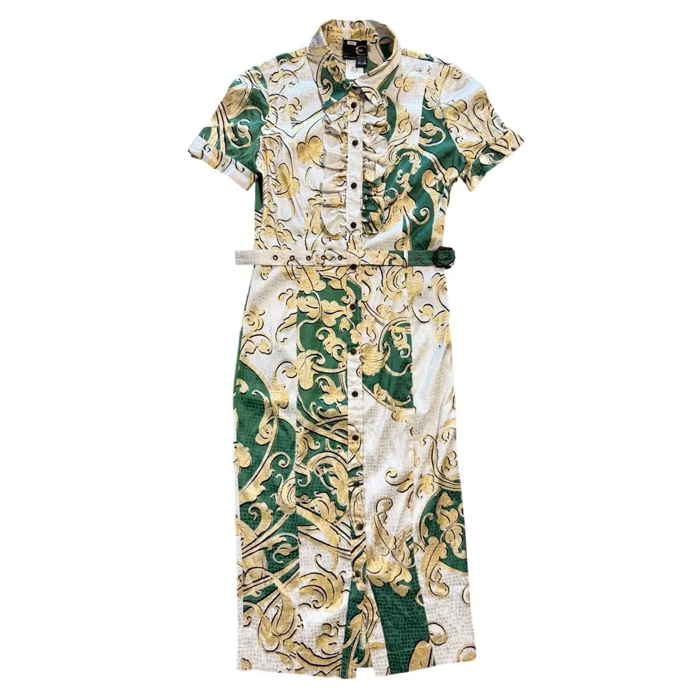 Just Cavalli Roberto Cavalli Silk Baroque Ruffle Button Front Midi Dress Belt 44
